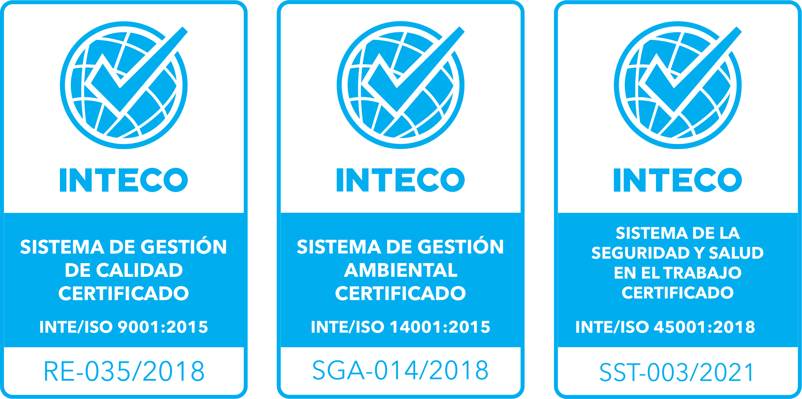 Sellos de certificación INTECO: ISO 9001, ISO 14001 e ISO 45001